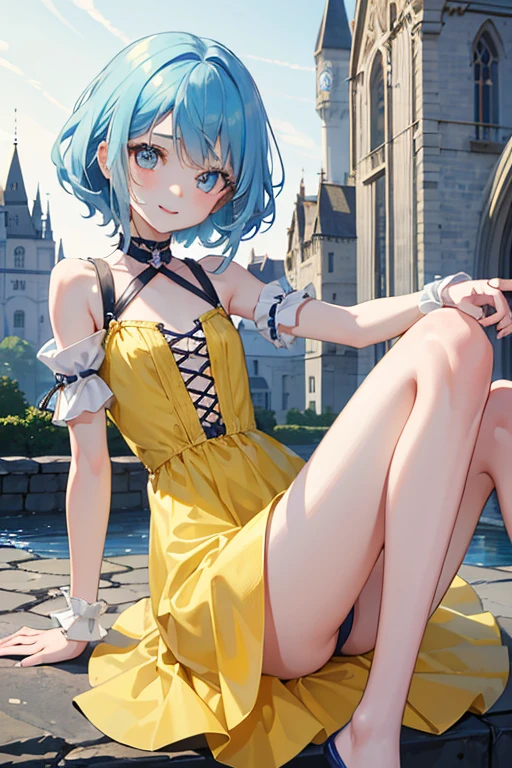 (Absurdres, best high quality)
{1character girl}, pale, short thick messy blue hair, heterochromatic eyes, very thin lips, short body, flat chest, cute arms, cute legs, wearing yellow little dress, jumping, playing in the castle, beautiful kid, cute face, cheerful open smile, love, adorable, cheerful, feminine