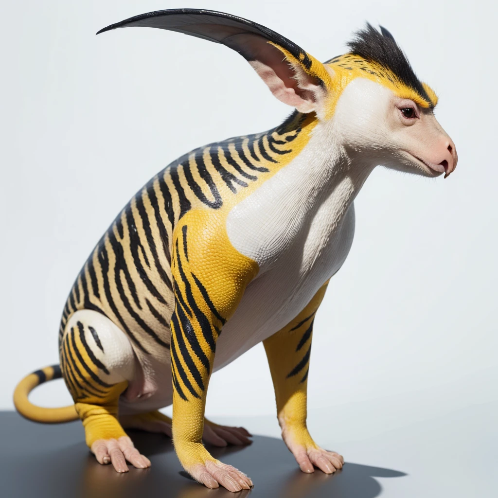 Animaly, white and yellows colour skins, has scales, his body is shaped like a Tapirs but his face is like a monkey and Puffin, silver colour skins, Grassroots background, (white background simpleks)