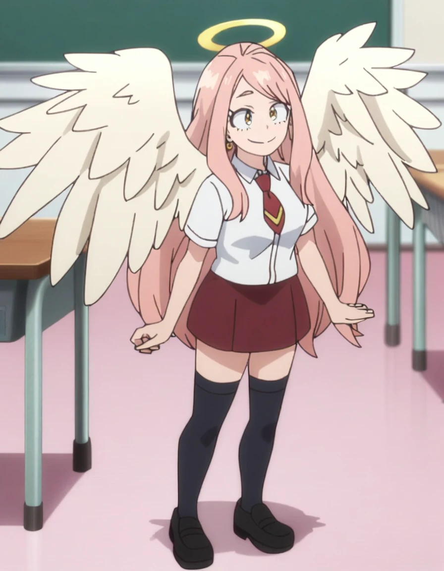 1girl, my hero academia screencap, boku no hero academia, pink hair, gold eyes, smiling, super long hair, cute, wearing white school shirt, red ribbon tie on shirt, in a classroom, cute gold earrings, bangs, , full body, large angel wings on back, halo, short skirt, thigh high black socks