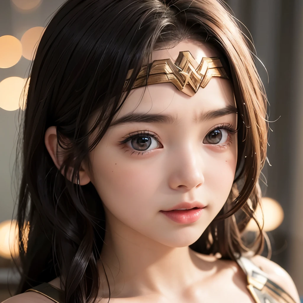 NSFW, 8k, High-level, absurd, masterpiece, best quality, primitive, very detailed CG, very detailed wallpaper, perfect lighting, Extremely detailed (((The personifying " Wonder Woman " as a Girl))), MysticSight, Tyndall effect, Tyndall scattering, Studio gray background with (many Dazzling RainbowColor particles BokeH:1.28), (RoundlyButts, ThighGap), (Exposed:0.4), (Assfocus with looking ahead), BREAK (NOGIZAKA face variations) Extremely Detailed very KAWAII face variations, perfect anatomy, Childish, captivating gaze, elaborate detailed Eyes with (sparkling highlights:1.28), long eyelashes、Glossy RED Lips with beautiful details, Coquettish tongue, Rosy cheeks, Radiant PearlSkin with clear transparency . { (Dynamic LifeLike expressions:1.4) | :d) }, (large eyes:-1) .