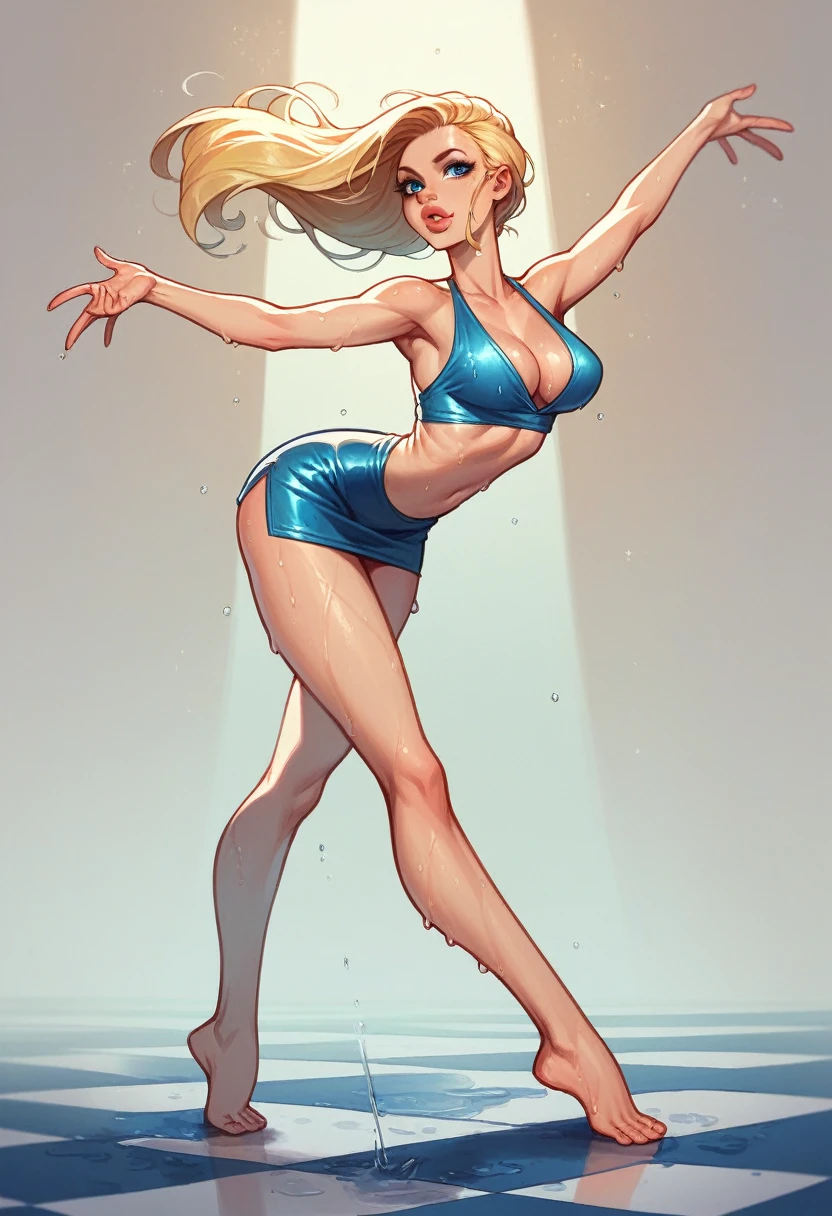 Women dancing alone on dance floor. Posing for picture. Arms in the air. Perfect tits, skinny Curvy. Blonde. From usa. Wearing a short red sexy dress. Long legs. Blue eyes. Long straight hair. Big lips. Wet.