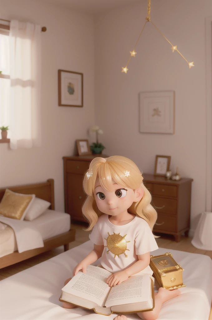 there is a with golden hair with beautiful and big brown eyes with white sparkles, she is in her room, while she is holding a book with a golden cover, she is sitting on the bed, and from the book emanates a golden light
((the book is magic))