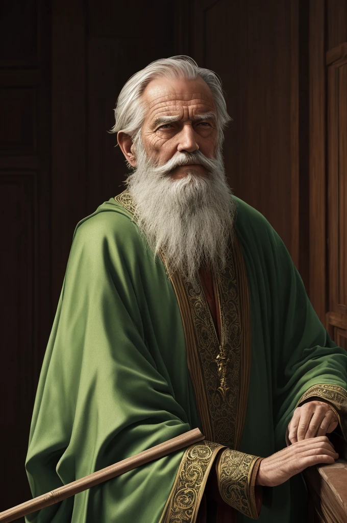 a tired old man with a long white beard wearing a green robe, leaning on a cane, (best quality,4k,8k,highres,masterpiece:1.2),ultra-detailed,(realistic,photorealistic,photo-realistic:1.37),intricate details,cinematic lighting,natural skin tones,highly detailed facial features,beautiful ornate robe,elderly man portrait,dramatic lighting,depth of field,cinematic composition,moody atmosphere