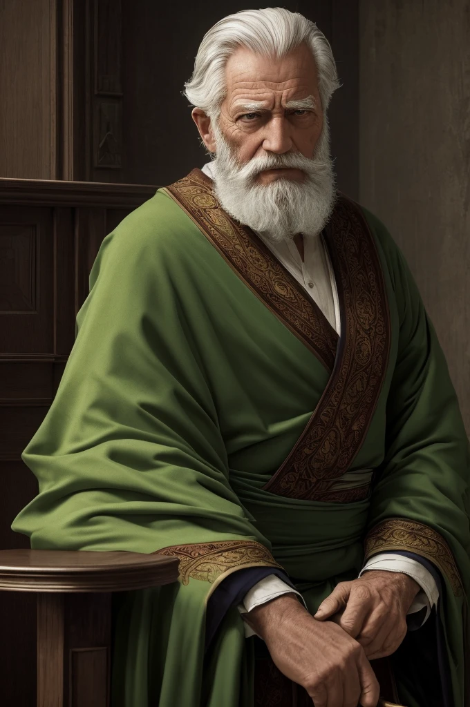 a tired old man with a long white beard wearing a green robe, leaning on a cane, (best quality,4k,8k,highres,masterpiece:1.2),ultra-detailed,(realistic,photorealistic,photo-realistic:1.37),intricate details,cinematic lighting,natural skin tones,highly detailed facial features,beautiful ornate robe,elderly man portrait,dramatic lighting,depth of field,cinematic composition,moody atmosphere