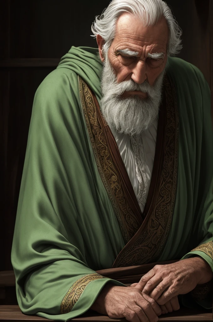 a tired old man with a long white beard wearing a green robe, leaning on a cane, (best quality,4k,8k,highres,masterpiece:1.2),ultra-detailed,(realistic,photorealistic,photo-realistic:1.37),intricate details,cinematic lighting,natural skin tones,highly detailed facial features,beautiful ornate robe,elderly man portrait,dramatic lighting,depth of field,cinematic composition,moody atmosphere