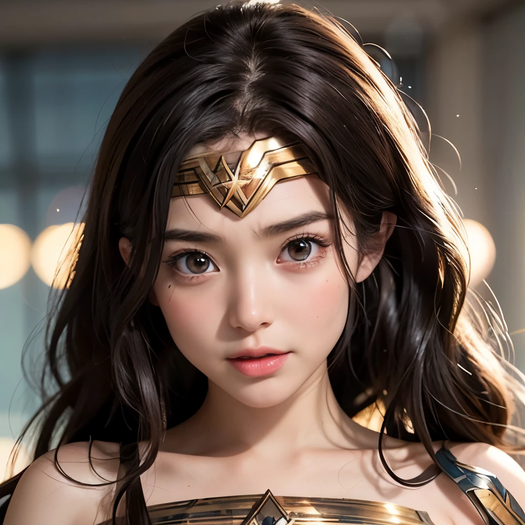 NSFW, 8k, High-level, absurd, masterpiece, best quality, primitive, very detailed CG, very detailed wallpaper, perfect lighting, Extremely detailed (((The personifying " Wonder Woman " as a ))), MysticSight, Tyndall effect, Tyndall scattering, Studio gray background with (many Dazzling RainbowColor particles BokeH:1.28), (RoundlyButts, ThighGap), (Exposed:0.4), (Assfocus with looking ahead), BREAK (NOGIZAKA face variations) Extremely Detailed very KAWAII face variations, perfect anatomy, Childish, captivating gaze, elaborate detailed Eyes with (sparkling highlights:1.28), long eyelashes、Glossy RED Lips with beautiful details, Coquettish tongue, Rosy cheeks, Radiant PearlSkin with clear transparency . { (Dynamic LifeLike expressions:1.4) | :d) }, (large eyes:-1) .