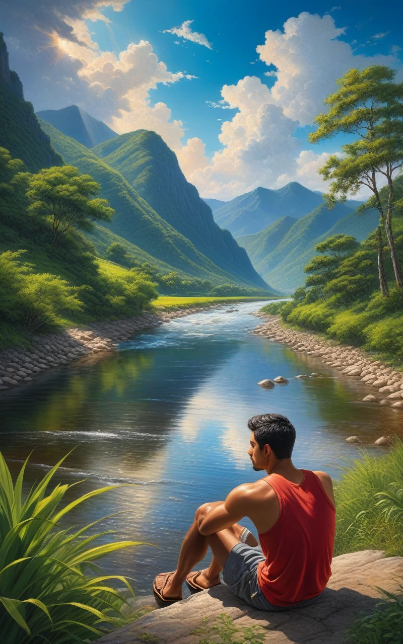  in bruce weberf and Peter Paul Rubens art style view from behind, a 25 years old latino man is siting by the river watching the sun rice in the background, river, mountains, sun, clouds He is wearing flip flop sandals, dramatic, pacefull scene high quality masterful still-life painting, oil painting, vibrant rich colors, atmospheric perspective, depth, illustration, intricate details, ultra high resolution, sharp details, sharp focus, 8k resolution Miki Asai Macro photography, fullbody, hyper detailed, trending on artstation, sharp focus, studio photo, intricate details, highly detailed, by greg rutkowski ,GO_pokemon,