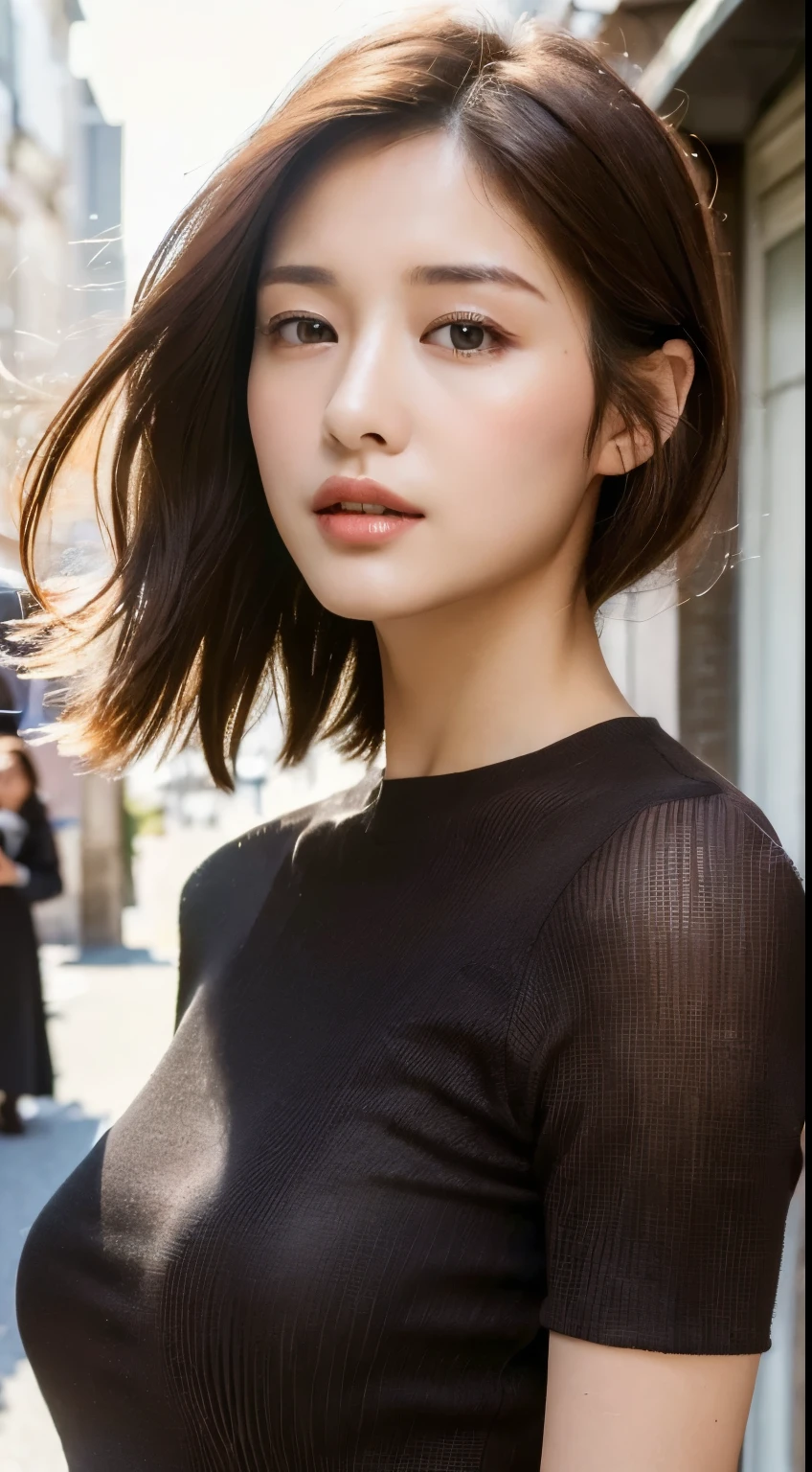 ((Top Quality, 8k, Masterpiece: 1.3)), Sharp Focus: 1.2, Beautiful Women with Perfect Style: 1.4, Slender Abs: 1.2, ((Dark Brown Hair, Big: 1.2)), (Natural Light, City Street: 1.1), Highly Detailed Face and Skin Texture, Detailed Eyes, Double Eyelids, Open Mouth, Gentle Eyes