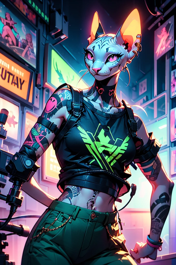 A male sphinx cat with white skin and black tattoos on his arms, white eyes, ear piercings, wearing green t-shirt with baggy brown pants, slim physique, high-quality 8k, comic style, hyper-detailed, sharp focus, studio lighting, cinematic dramatic lighting, neon color palette, neon lighting, cyberpunk, digital art