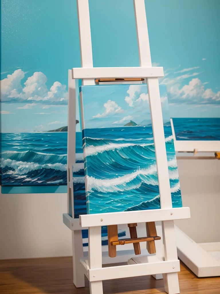 Create a sea-themed piece of art on a small-sized canvas horizontally on an easel and table filled with paints the same color as the canvas and brushes