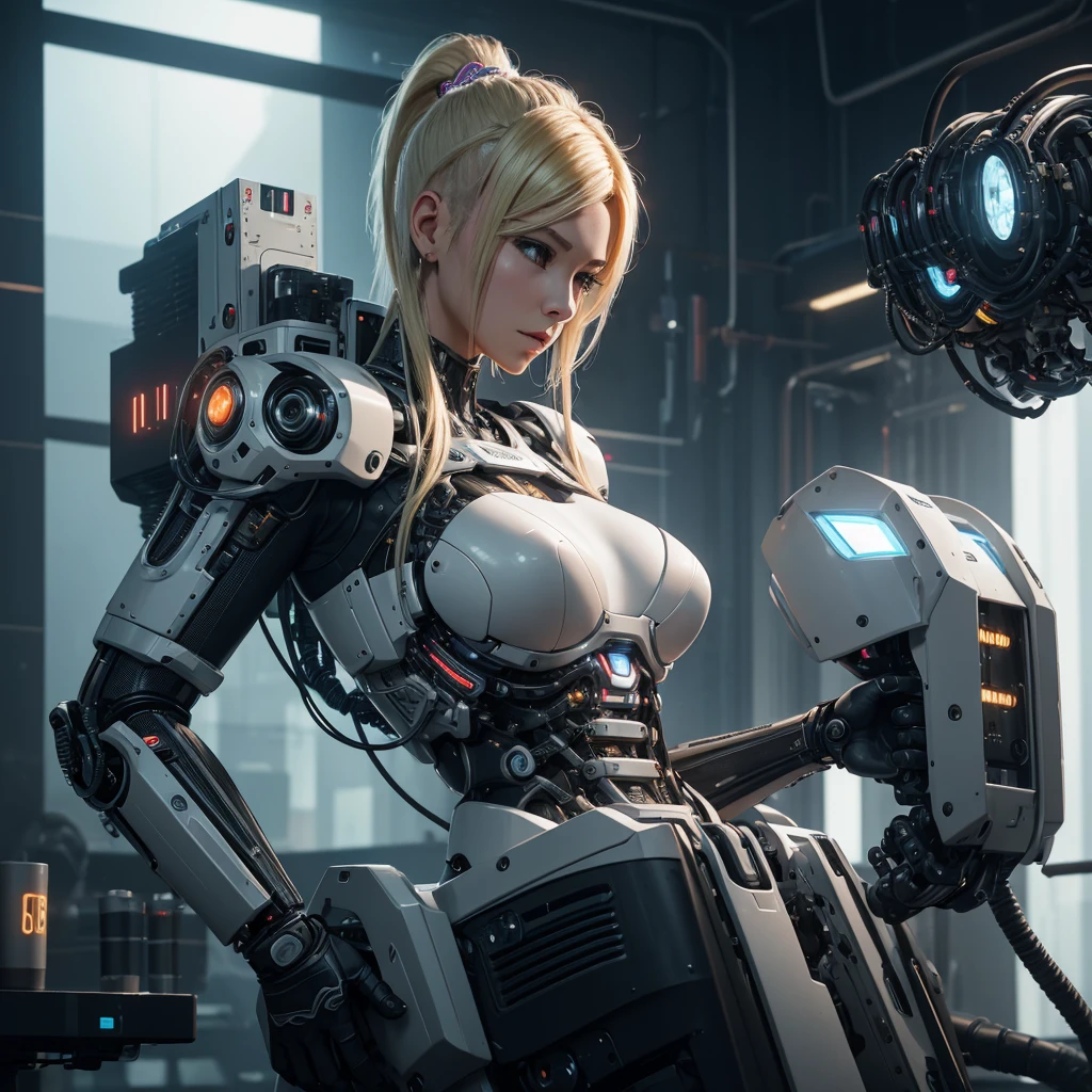 Intelligent Bionic Robot、femele、Cyborg Robot Parts、cable electric wires、microchips、bright studio、hyperphotorealism、high-detail、intricate detailes、softlighting、Rim Lights、rendering by octane、Unreal Engine 5 Renders、Mechanical Public Enemy Style、8K、top-quality、masterpiece、Low ISO、White Balance、high key lighting、Creates a soft and graceful feel with a shallow depth of field,超A high resolution,Big Breast Machine,cyberpunked,Blonde Mohawk.Connected to a large number of cables,In the process of being made,