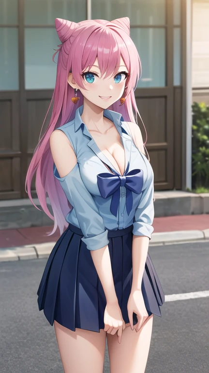 masterpiece, best quality, highres, aaakari, long hair, cone hair bun, earrings, medium , cleavagshirt, blue bow, shoulder cutout, pleated skirt, blue skirt, standing, cowboy shot, smile, street