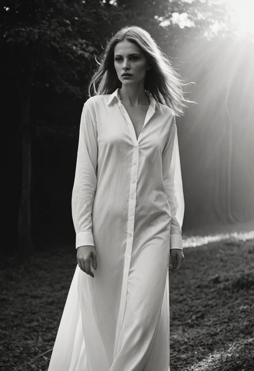 (dark mood masterpiece Photography by Mario Giacomelli:1.2), evil slavic woman, pale skin, long dark blond hair, Stunning b&w 35mm full body photo of a beautiful, perfecteyes, dark circles under eyes, highly detailed skin, (lightest freckles:0.9), standing in a casual pose with her hands on her nipples. wearing (wide-open:1.34) white_silk_shirt. unbuttoned shirt. (nipslip:1.4). a loose-fitting oversized men's unbuttoned shirt, open white business shirt. intricate poses by ruth bernhard. (Photography and style by ruth bernhard). 35mm, Hasselblad. capturing fashion-forward visuals, creating visual impact,evoking emotion,pushing creative boundaries. golden hour, shot from the side, playful pose, god rays,artistic photoshoot