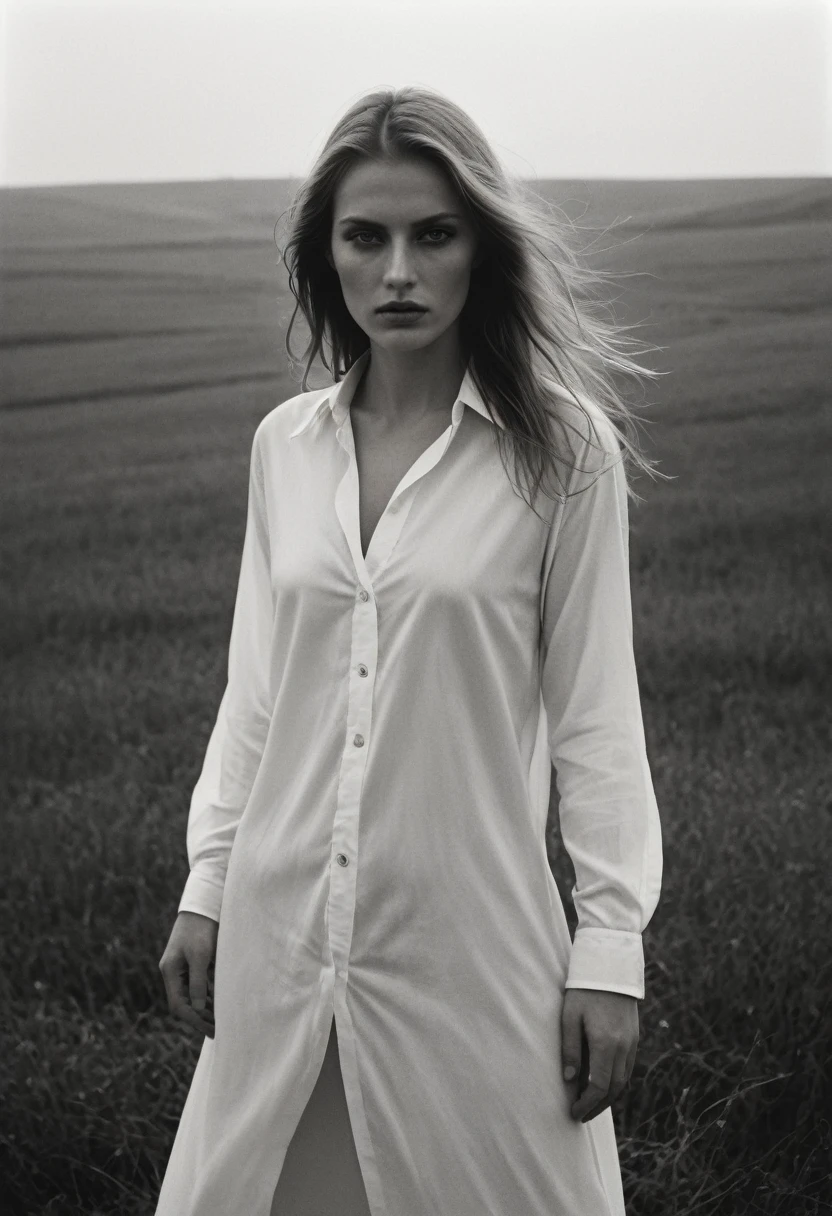 (dark mood masterpiece Photography by Mario Giacomelli:1.2), evil slavic woman, pale skin, long dark blond hair, Stunning b&w 35mm full body photo of a beautiful, perfecteyes, dark circles under eyes, highly detailed skin, (lightest freckles:0.9), standing in a casual pose with her hands on her nipples. wearing (wide-open:1.34) white_silk_shirt. unbuttoned shirt. (nipslip:1.4). a loose-fitting oversized men's unbuttoned shirt, open white business shirt. intricate poses by ruth bernhard. (Photography and style by ruth bernhard). 35mm, Hasselblad. capturing fashion-forward visuals, creating visual impact,evoking emotion,pushing creative boundaries. golden hour, shot from the side, playful pose, god rays,artistic photoshoot