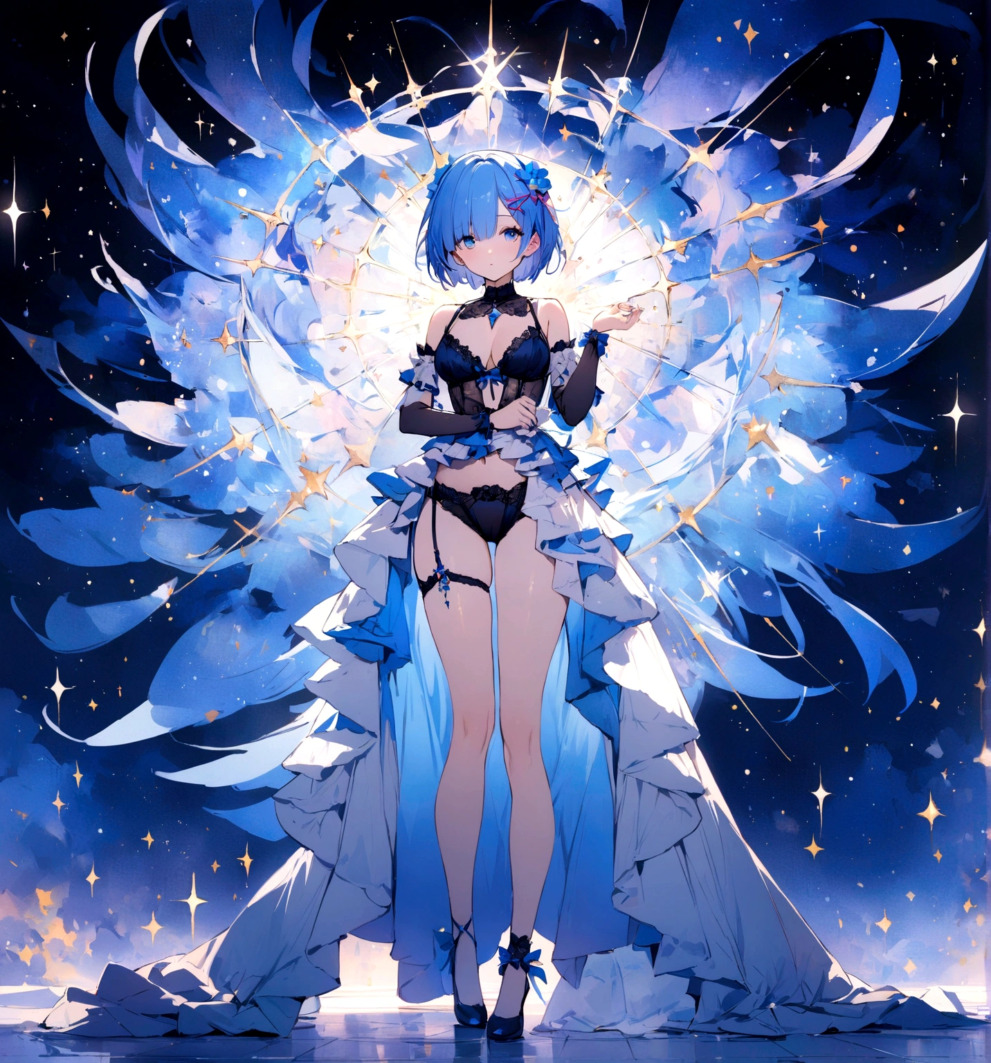 masterpiece, Highest quality, Rem, One girl, lingerie,Beautiful eyes,Blue Hair,whole body,Are standing