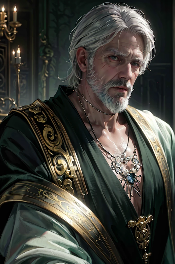 a tired old man with a long white beard wearing a green robe, leaning on a cane, (best quality,4k,8k,highres,masterpiece:1.2),ultra-detailed,(realistic,photorealistic,photo-realistic:1.37),intricate details,cinematic lighting,natural skin tones,highly detailed facial features,beautiful ornate robe,elderly man portrait,dramatic lighting,depth of field,cinematic composition,moody atmosphere