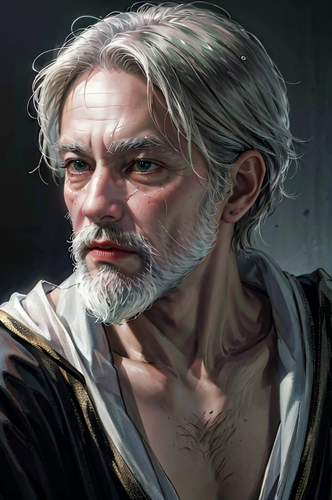 a tired old man with a long white beard wearing a green robe, leaning on a cane, (best quality,4k,8k,highres,masterpiece:1.2),ultra-detailed,(realistic,photorealistic,photo-realistic:1.37),intricate details,cinematic lighting,natural skin tones,highly detailed facial features,beautiful ornate robe,elderly man portrait,dramatic lighting,depth of field,cinematic composition,moody atmosphere