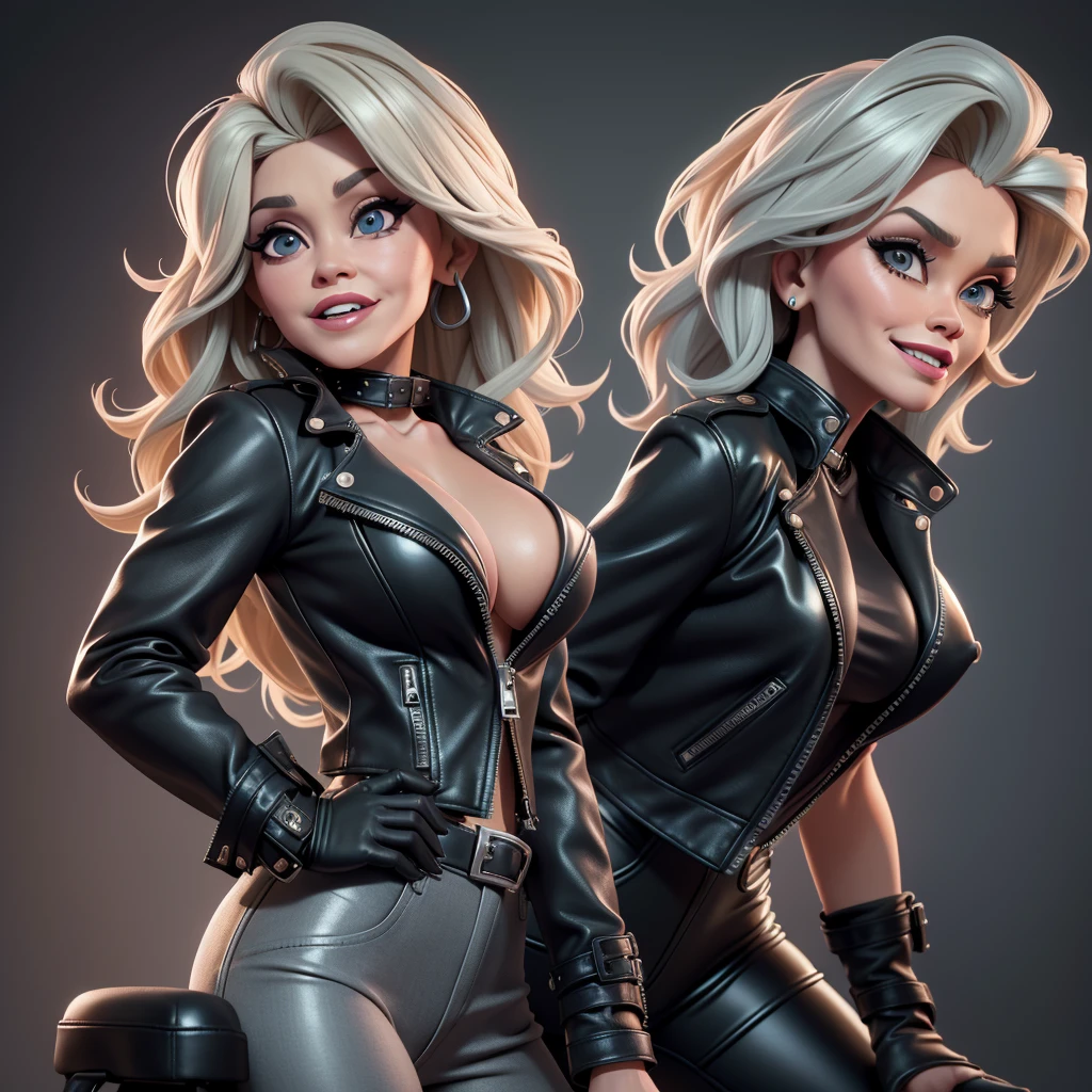 obra prima, melhor qualidade, ((jane fonda, dolly parton, vamp 80yo face wrinkles,)) head back, sassy wicked girl, open mouth, big teeth smile, thick smoky black eye shadow, long fake eyelashes, sultry eyes, grey white hair, short bob style hair, metallic brick red leather biker jacket, ((biker jacket has puff shoulders,)) ((biker jacket has stiff collar,)) leather blouse, green pvc skinny pants, studs zippers snaps, shiny leather gloves, nip slip, body is skinny, push against the wall, shiny tight buttocks, kama sutra, explicit rubbing, mashing genitals, camera view of whole body, looking up at me, shallow depth of field, highres, HD, 8k, anatomically correct