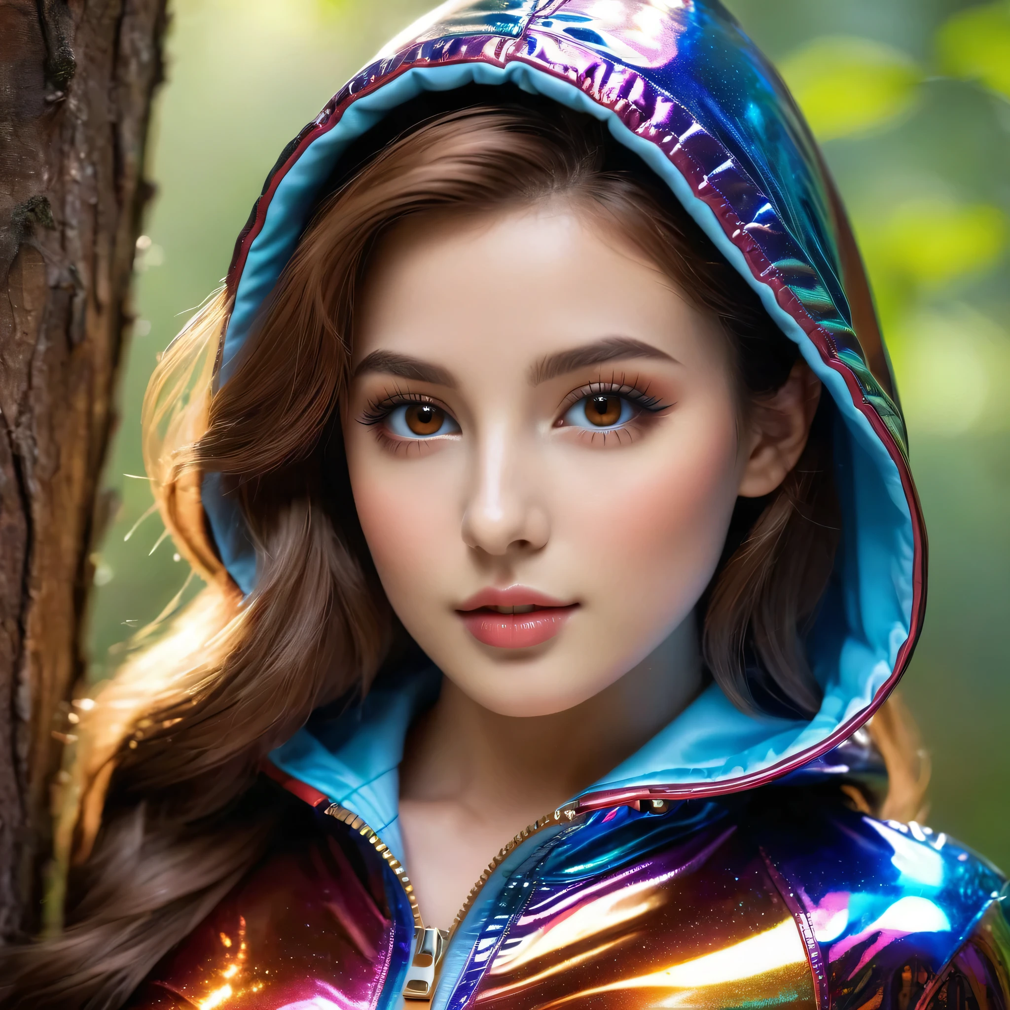 ((Photo from upper body to thigh: 1.4)), (intricately detailed portrait: 1.15), ((best soft studio lighting: 1.2)), (1girl: 1.3, 14 years), photorealistic Realism 16K Quality, ultra resolution, (high quality skin with realistic texture), (high quality hair with realistic texture), ((brown hair, (combed on one side), ultra detailed: 1.32)), ((perfect proportions)),((anatomically correct)), (((firm and full breasts: 1.22))), (intricately detailed beautiful face), (light pale complexion), (intricately detailed beautiful face), (light pale complexion) BREAK ((ultra absurd quality, extremely detailed detail, ultra resolution, clear sharp focus, not blurry, (Realistic brown_eyes:1.25)), ((perfect dark_eyeshadows:1.25)), (super Detailed, beautiful little nose:1.2), break ((highly elaborate, extravagant microscopic streetwear: 1.2)), transparent colored PVC (super shiny transparent fluorescent hologram colorful soft PVC suit: 1.28), Ultra tight bodysuit with reflective surfaces, (((on top worn an ultra short red zip up jacket with a hood on the head:1.3))), ((in a fairy tale forest with big trees, small bushes and glowing mushrooms:1.3))