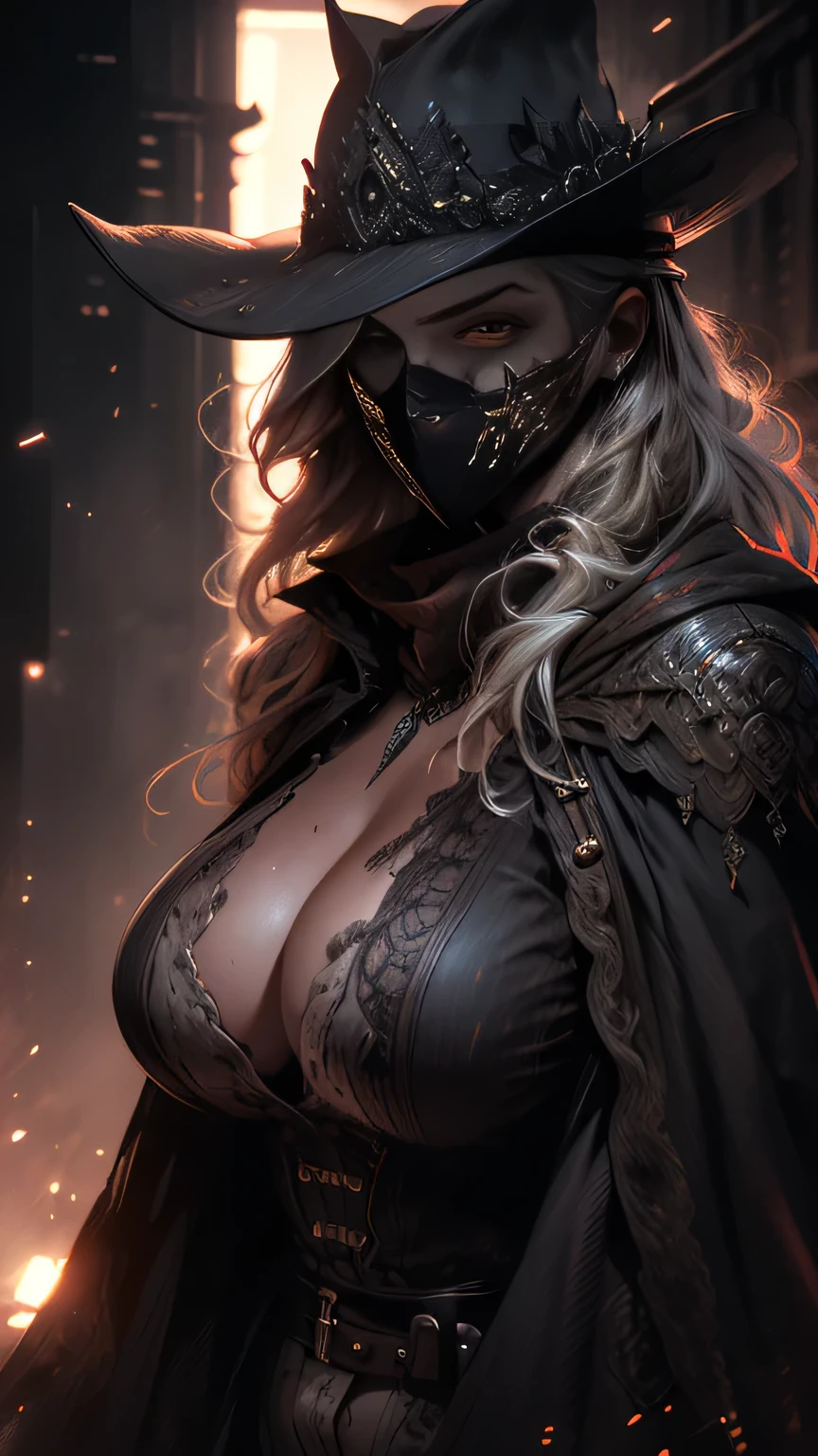 A beautiful cowgirl bounty hunter, detailed perfect facial features, a mysterious mask, a sexy and voluptuous figure with a massive, perfectly shaped bust and deep cleavage, ultra-realistic detailed skin texture, extreme details, (best quality,4k,8k,highres,masterpiece:1.2),ultra-detailed,(realistic,photorealistic,photo-realistic:1.37),detailed eyes,detailed lips,extremely detailed face,longeyelashes,intricate details,sharp focus,physically-based rendering,vivid colors,cinematic lighting,dramatic lighting,dark and moody,cinematic composition