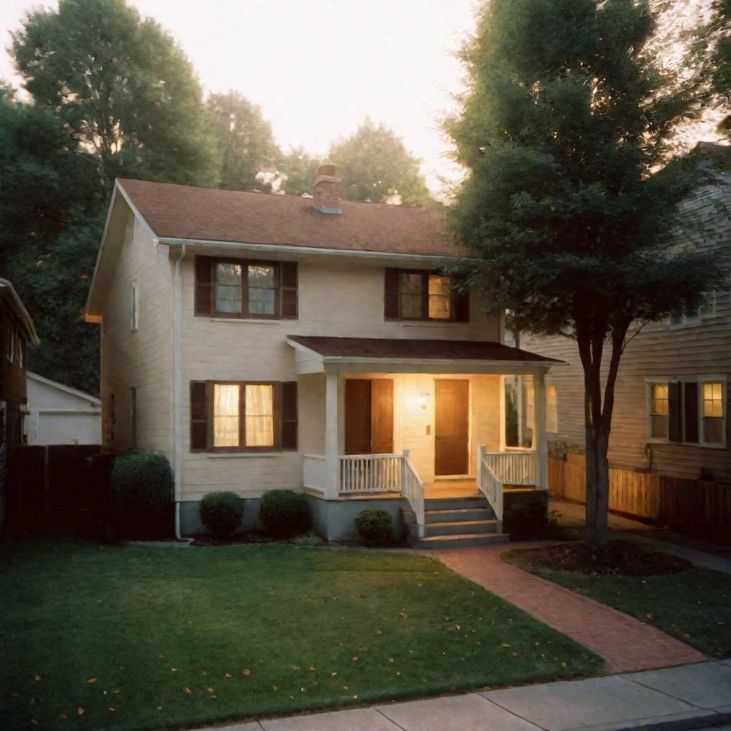 night shot of a typical townhouse from the 1970s, during the Motown era. The townhouse should be located in a suburban area, with a mix of single-family homes and apartment buildings. The house should be a two-story, single-family residence with a pitched roof, vinyl siding, and a small front yard with a lawn and a few trees. The exterior should feature a warm, earthy color palette with a combination of brown, beige, and cream tones. The roof should be a dark brown or black asphalt shingle material. The windows should be double-hung, with white or cream-colored frames and shutters. The front door should be a wooden with a brass or chrome door handle. The porch should be a small, covered area with a simple railing and a few steps leading up to the door, at night, the light is on in a bedroom on the second floor (gaussian blur:1.1) (high key photo masterpiece:1.2) raw photo, (film grain:1.3), depth field, bokeh, Best quality, masterpiece, ultra high res, (photorealistic:1.4), (smooth light:1.4), photorealistic, cinematic lighting, volumetric lighting, highly detailed and intricate