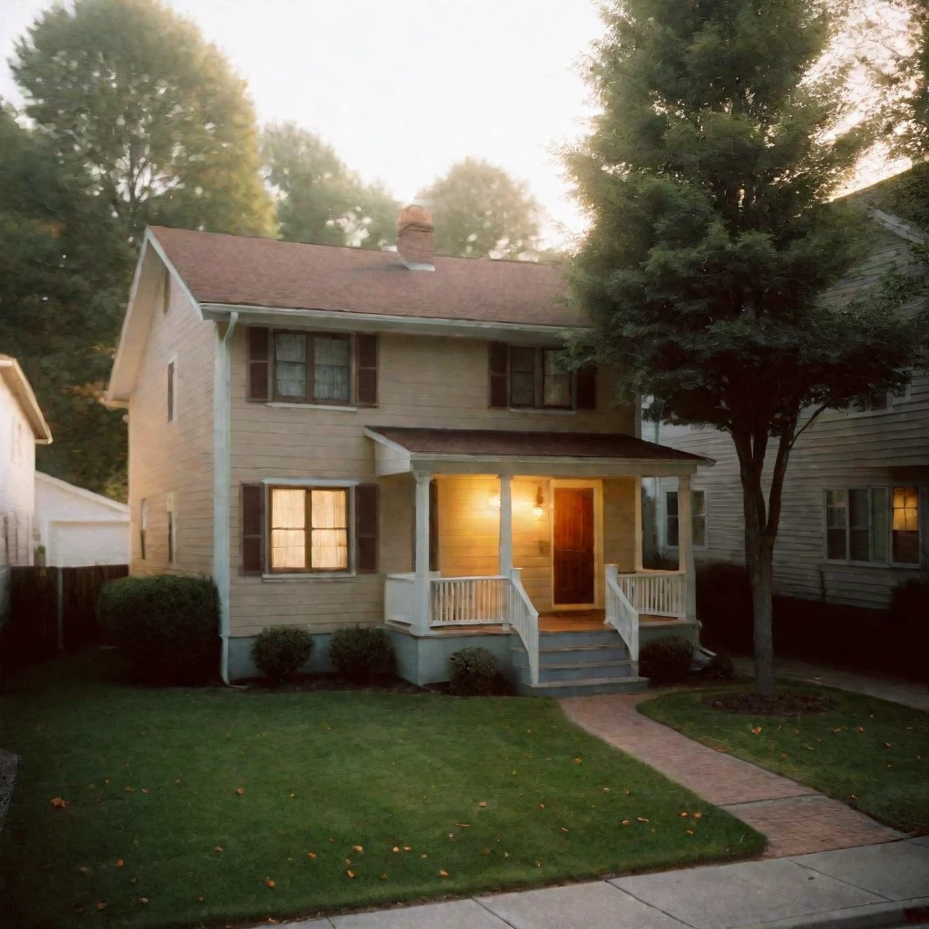 night shot of a typical townhouse from the 1970s, during the Motown era. The townhouse should be located in a suburban area, with a mix of single-family homes and apartment buildings. The house should be a two-story, single-family residence with a pitched roof, vinyl siding, and a small front yard with a lawn and a few trees. The exterior should feature a warm, earthy color palette with a combination of brown, beige, and cream tones. The roof should be a dark brown or black asphalt shingle material. The windows should be double-hung, with white or cream-colored frames and shutters. The front door should be a wooden with a brass or chrome door handle. The porch should be a small, covered area with a simple railing and a few steps leading up to the door, at night, the light is on in a bedroom on the second floor (gaussian blur:1.1) (high key photo masterpiece:1.2) raw photo, (film grain:1.3), depth field, bokeh, Best quality, masterpiece, ultra high res, (photorealistic:1.4), (smooth light:1.4), photorealistic, cinematic lighting, volumetric lighting, highly detailed and intricate