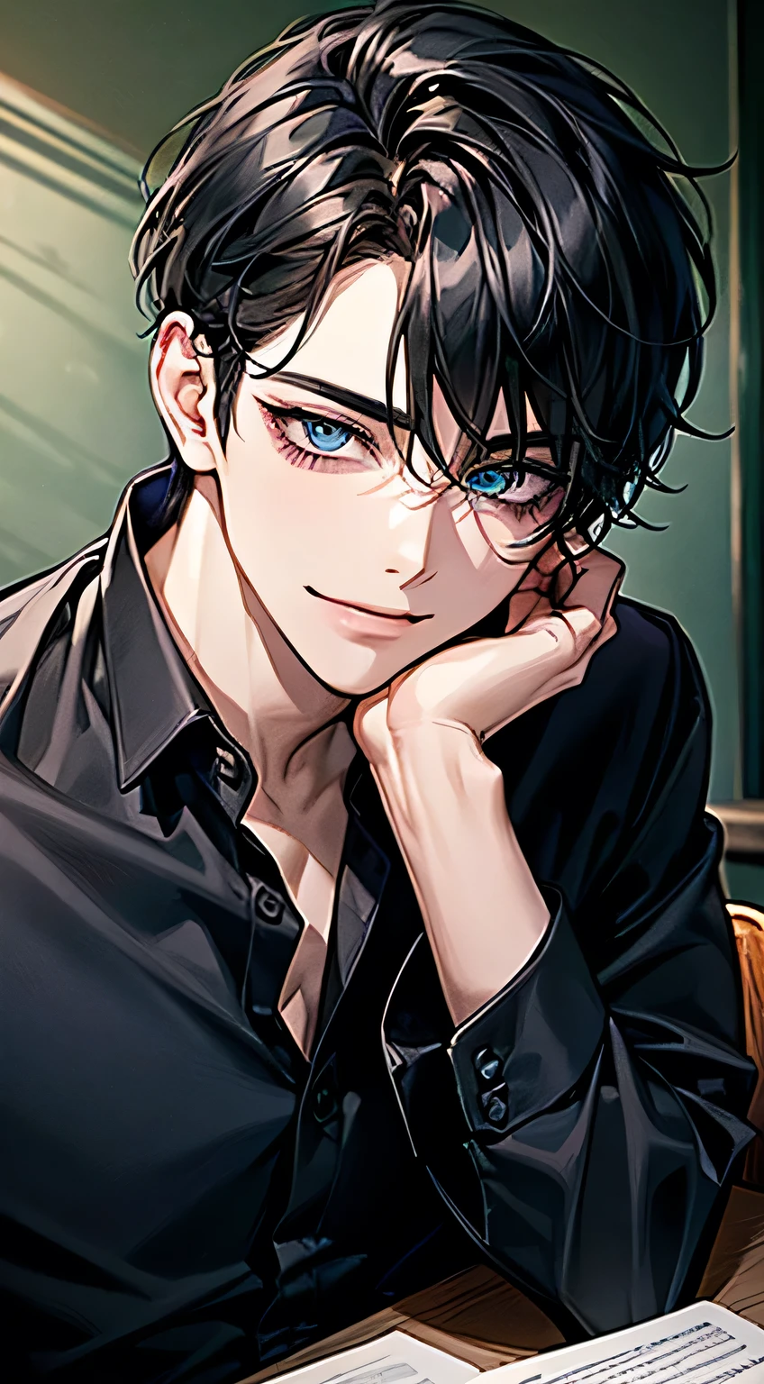 Men's,short detailed hair,black colored hair,(Eye 1:2,Clear eyes,Elaborate Eyes,Delicate pupils,Good eyes,eye detailed),Face Focus,Adult,In black clothes,best qualtiy,facial detailing,Classroom,sit on desk,sitting in the couch,lazy,Detailed background,diffuse sunlight,depth of fields,Studying Smiling at your desk , (((blue eyes))) , ((tricky glance)) , ((A Mysterious Look)), (((closed mouth))), ((grin)), the villain, ((good anatomy))