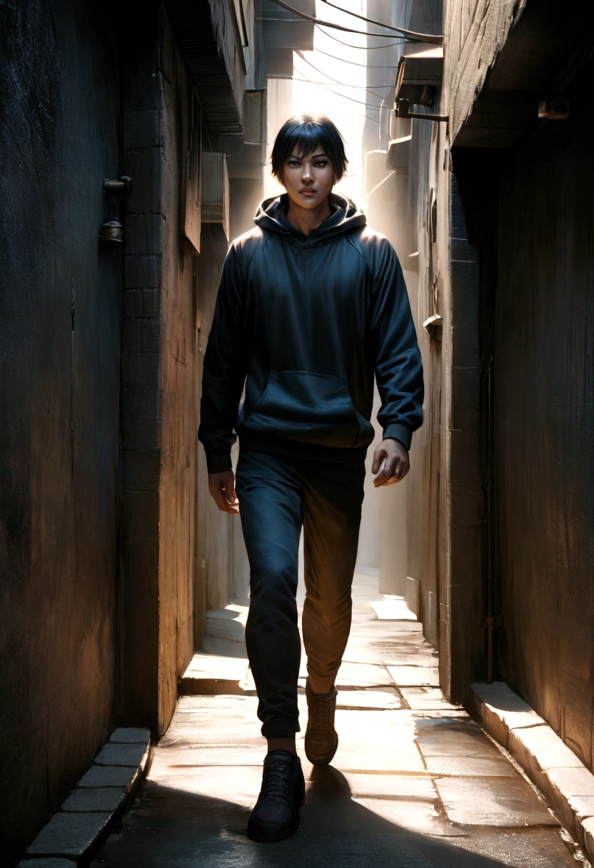 A young man Hiroshe, wearing a black hooded sweatshirt and matching pants, full body shot, short black hair, walking through a dark alley, highly detailed, cinematic lighting, realistic, 4k, photorealistic, dramatic shadows, moody atmosphere, cool color tones