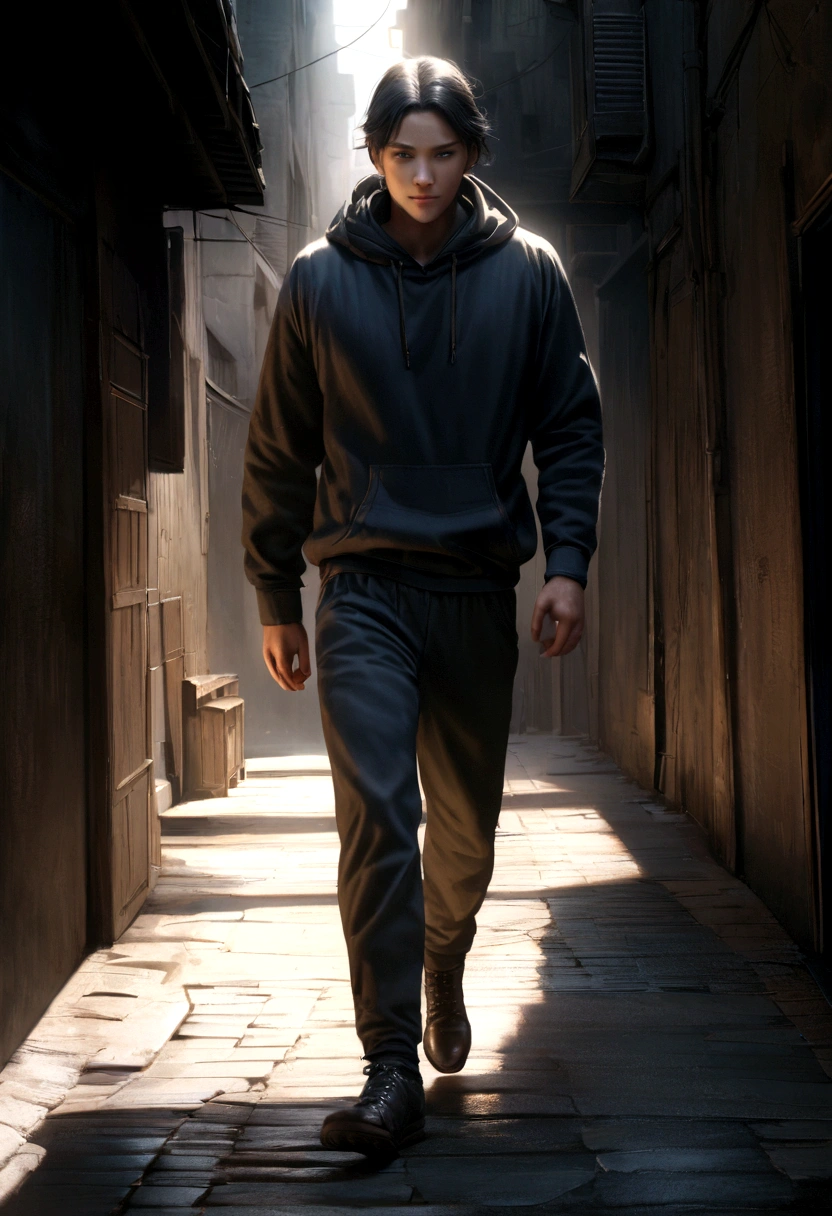 A young man Hiroshe, wearing a black hooded sweatshirt and matching pants, full body shot, short black hair, walking through a dark alley, highly detailed, cinematic lighting, realistic, 4k, photorealistic, dramatic shadows, moody atmosphere, cool color tones