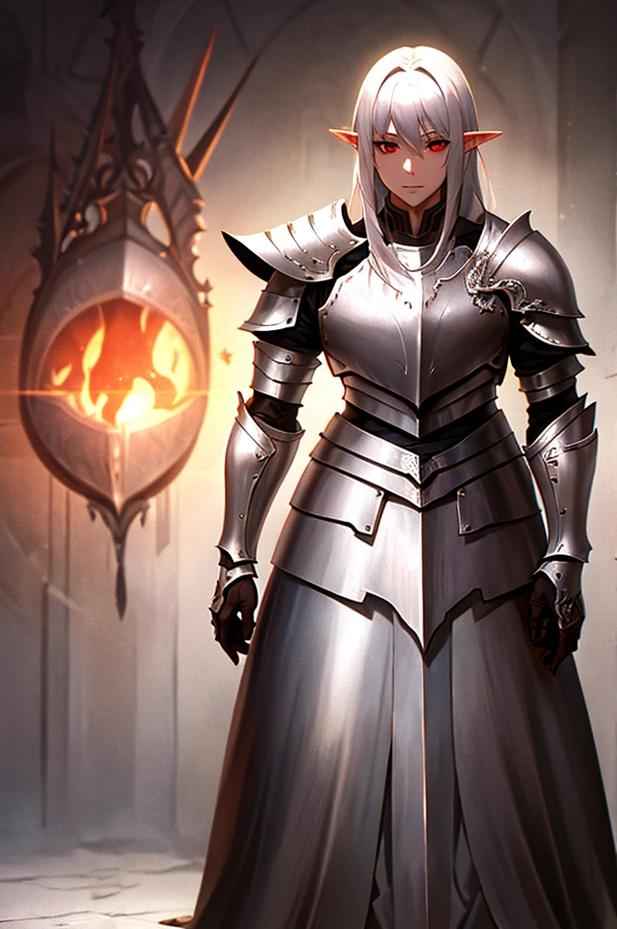 female elf knight, full body art, silver hair, white skin, red eyes, knight full plate armor adorned