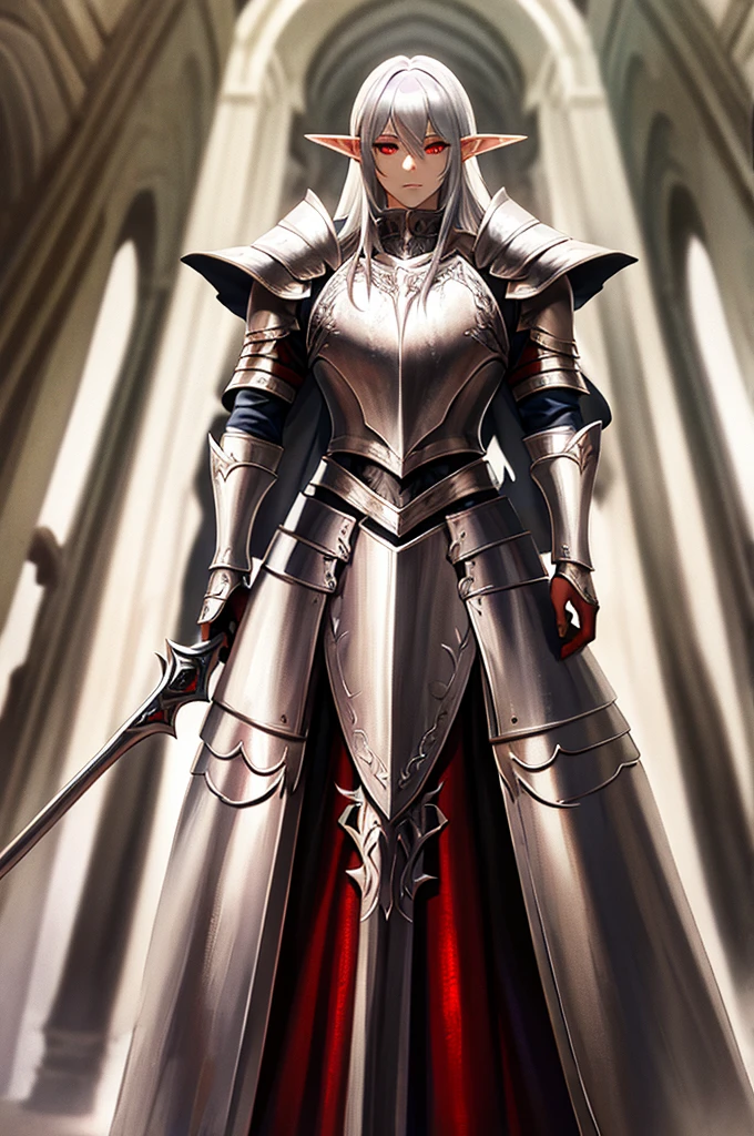 female elf knight, full body art, silver hair, white skin, red eyes, knight full plate armor adorned
