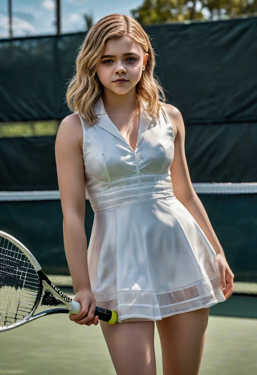 1girl, Chloe Moretz, full length portrait, white tennis minidress, sheer, shiny, shimmering, silky, tan pantyhose by L'eggs, black high heels by Louis Vuitton, holding tennis racket, playing tennis on a tennis court, beautiful detailed eyes, beautiful detailed lips, extremely detailed eyes and face, long eyelashes, realistic, photorealistic, photo-realistic:1.37, (best quality,4k,8k,highres,masterpiece:1.2),ultra-detailed, HDR, UHD, studio lighting, ultra-fine painting, sharp focus, physically-based rendering, extreme detail description, professional, vivid colors, bokeh, portraits, sports