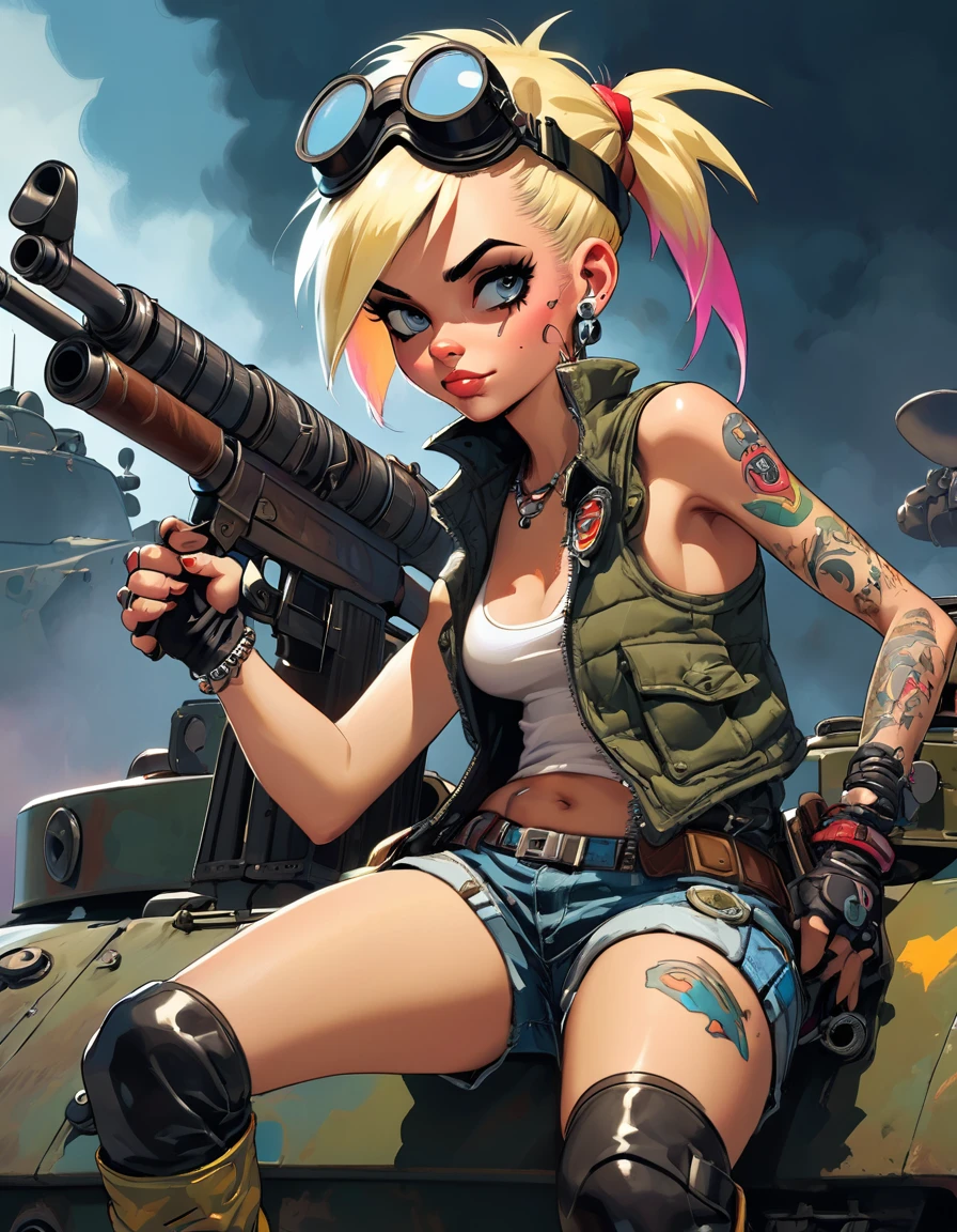 tank girl character, punk, blonde, with piercings, wearing a helmet, holding a shotgun, sitting on a tank, (best quality, 4k, 8k, high resolution, masterpiece: 1.2), ultra detailed, (realistic, photorealistic, photorealistic: 1.37 ), oil painting, art inspired by Skottie Young and Bill Sienkiewicz, detailed facial features, piercings, punk, brave military aesthetic, worn and rugged look, dramatic lighting, cinematic composition, vibrant colors, moody atmosphere.