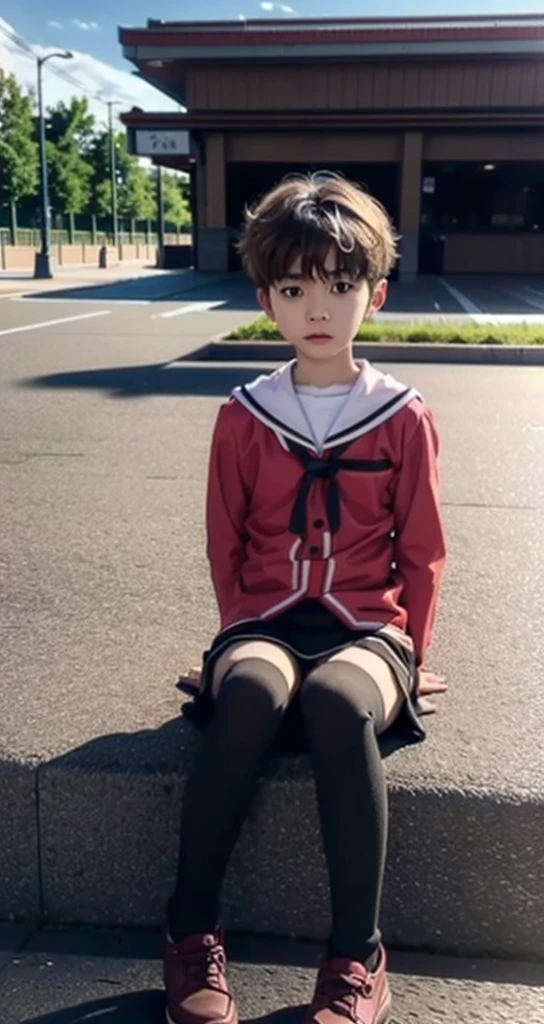 1 little boy，Shota，No makeup，Pink short hair，Male characteristics，Unique的，face to face audience，full-body shot，JK school uniform，Black pantyhose，Sailor Suit，Sitting，Sunny weather，Unique ，roof，Supermarket background