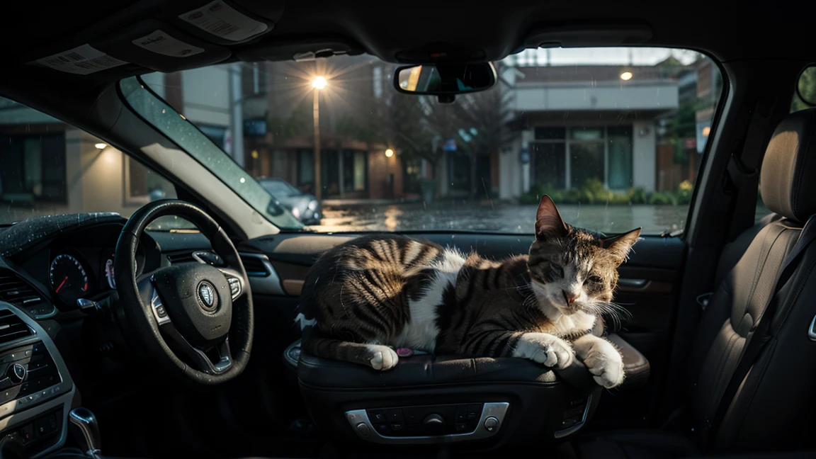 cat sleeping inside a car, theres rain in the window and it is night time