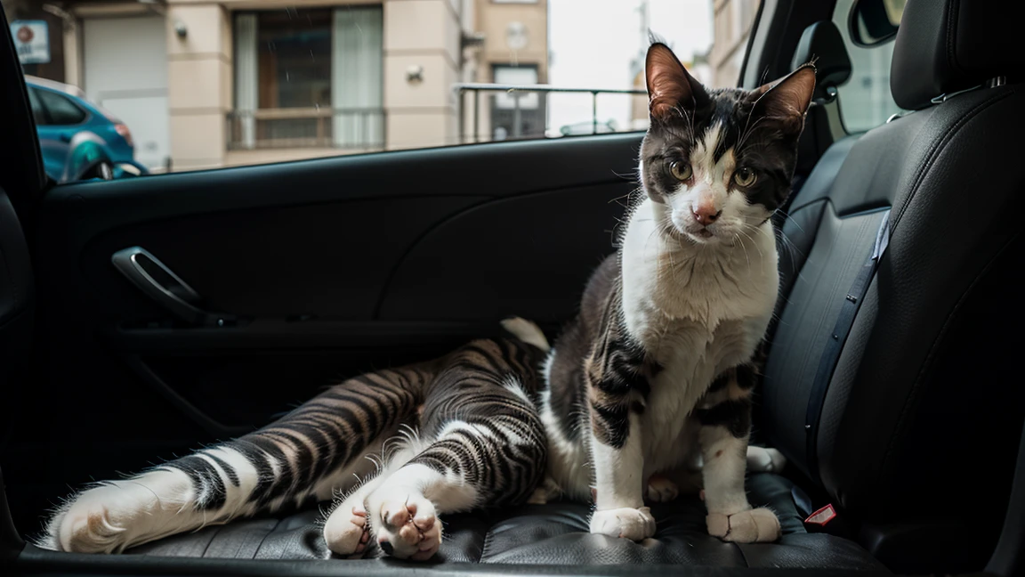 cat sleeping inside a car, theres rain in the window and it is night time