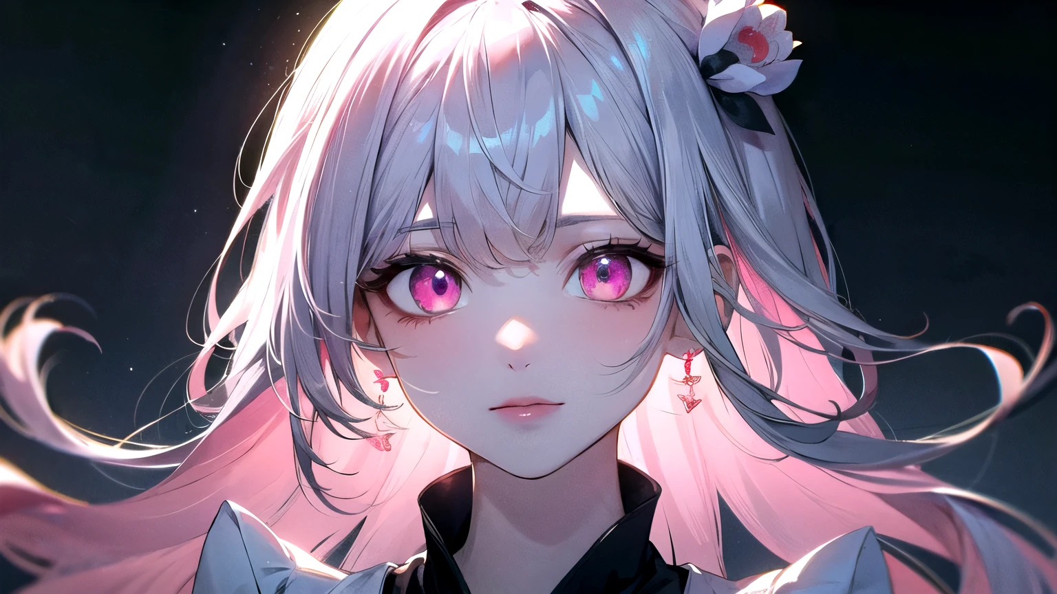 ((best quality)), ((masterpiece)), (detailed), perfect face. Asian girl. White hair. Pink eyes. Inner pink hair. Glowing eyes.