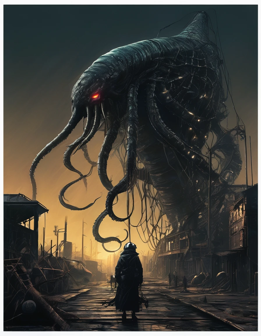 (dark biopunk horror), (tentacle biopunk atmosphere), (gloomy biopunk creature), tall titanic twisted creature, terrible gigantic creature on a wastelands, faceless beast, (dark lighting), many shadows, cold lights
