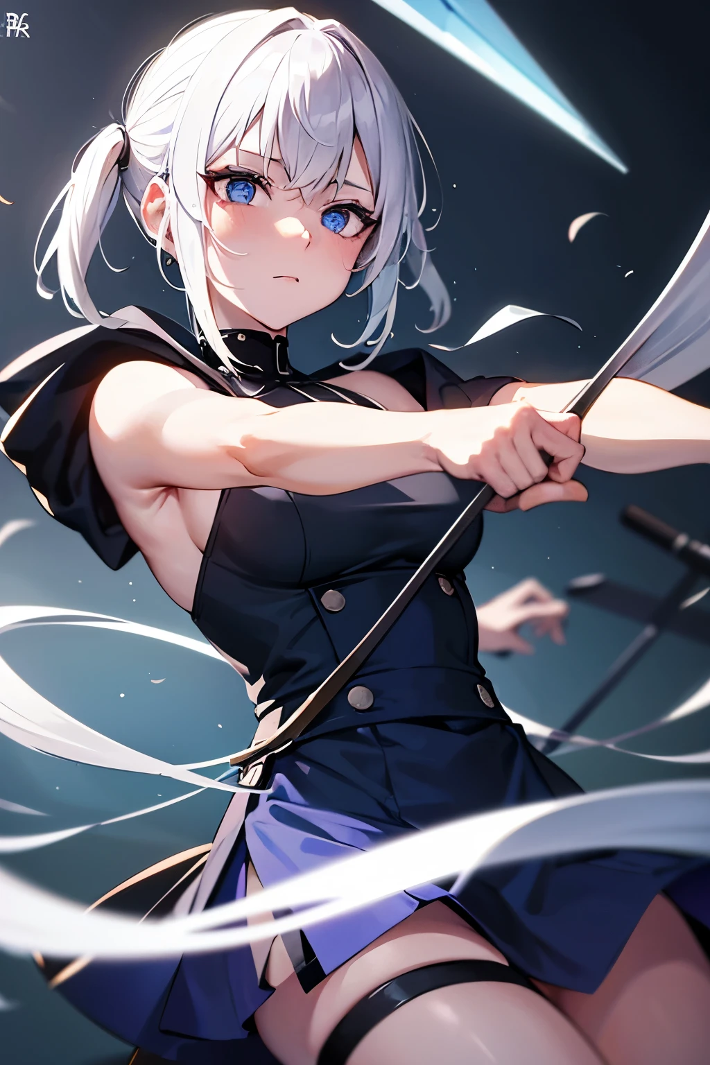 The character is in the style of the JujutsuKaisen anime, a young woman, with white hair, Swedish, with medium short hair gathered in two pigtails, with blue eyes, she wears a navy blue solid split halter neck dress while wearing a uniform of the Tokyo Technical School of Wizardry and a mask and hood, she is in an attack position holding two Katanas in each hand in the school yard during the day