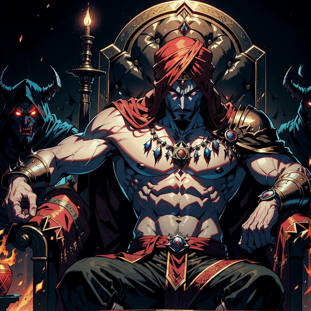Castlevania Hyper Realistic Shadow Lord Super Detailed Dynamic Plan Master Piece of Lord Dracula Medieval Arab Warrior with Red Turban Scary Face Hokuto No Ken Structure Muscular Face Kenshiro Sitting in His Great Legendary Moroccan Throne Surrounded by Demons and Demons Talking Scrolls Cinematic Scenes Epic Movie Hyper Realistic Movie Legendary Movie Epic Movie Epic Movie holding huge beast by his hand