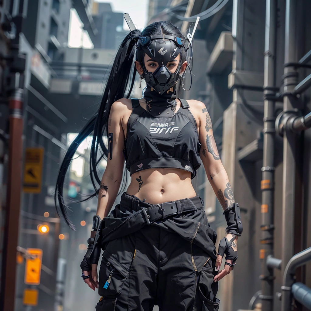 1girl, long blue twin tail hair, cyber helmet, black tank top, black cargo pants, mouth mask, covered mouth, Blur background, Tattooed, Navel piercing, 8K, Hi-Res