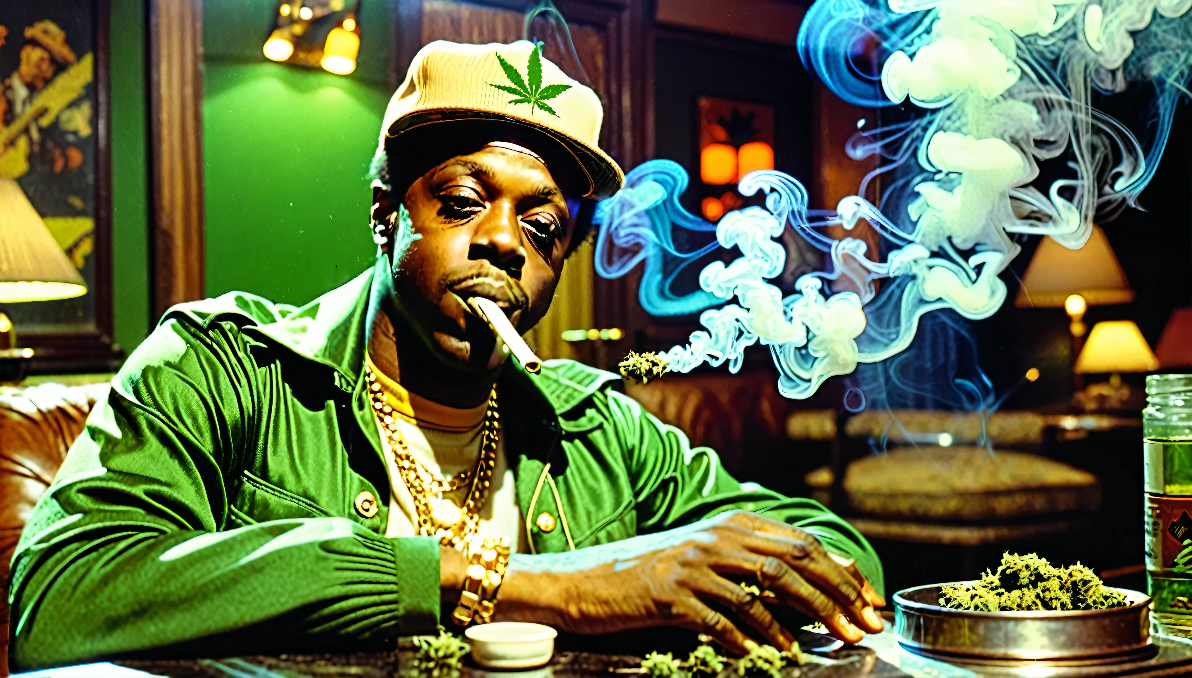 1970s photo of "Devin The Dude" wearing 1970s attire, marijuana in an ashtray, atmospheric perspective,