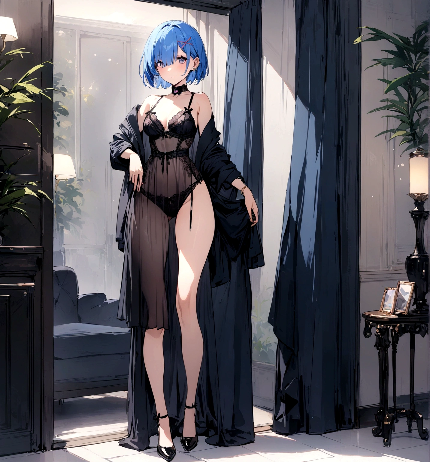 masterpiece, Highest quality, Rem, One girl, lingerie,Beautiful eyes,Blue Hair,whole body,Are standing