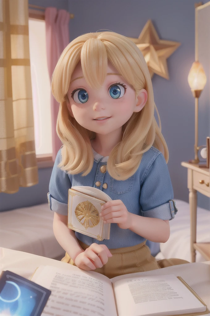 there is a with golden hair with beautiful and big brown eyes with white sparkles, she is in her room, while she is holding a book with a golden cover, she is sitting on the bed, and from the ((book emanates a blue light)) ((the book is magic))