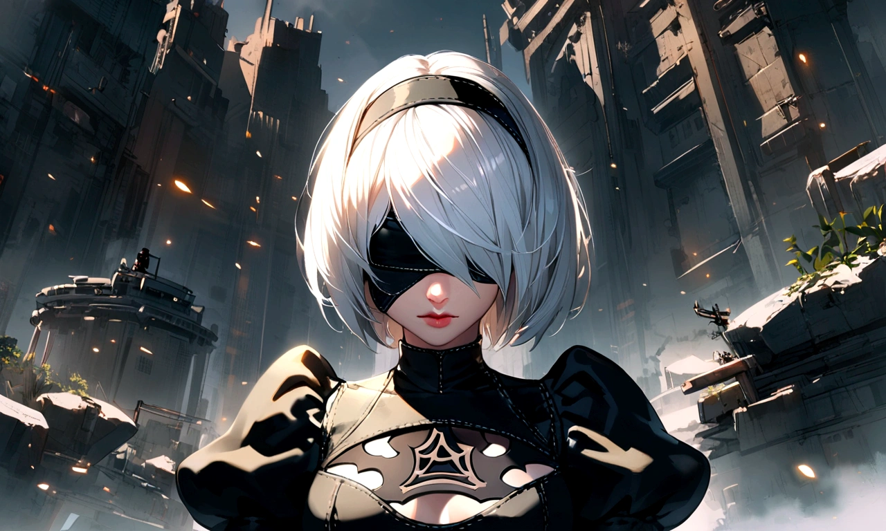 2b_(nier:automata), nier_(series), 1girl, white_hair, covered_eyes
