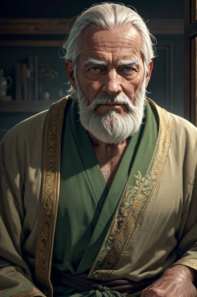 a tired old man with a long white beard wearing a green robe, leaning on a cane, (best quality,4k,8k,highres,masterpiece:1.2),ultra-detailed,(realistic,photorealistic,photo-realistic:1.37),intricate details,cinematic lighting,natural skin tones,highly detailed facial features,beautiful ornate robe,elderly man portrait,dramatic lighting,depth of field,cinematic composition,moody atmosphere