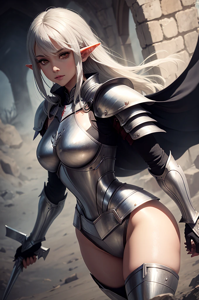 female elf knight, full body art, silver hair, white skin, red eyes, knight full plate armor adorned