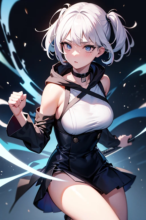The character is in the style of the JujutsuKaisen anime, a young woman, with white hair, Swedish, with medium short hair gathered in two pigtails, with blue eyes, she wears a navy blue solid split halter neck dress while wearing a uniform of the Tokyo Technical School of Wizardry and a mask and hood, she is in an attack position holding two Katanas in each hand in the school yard during the day