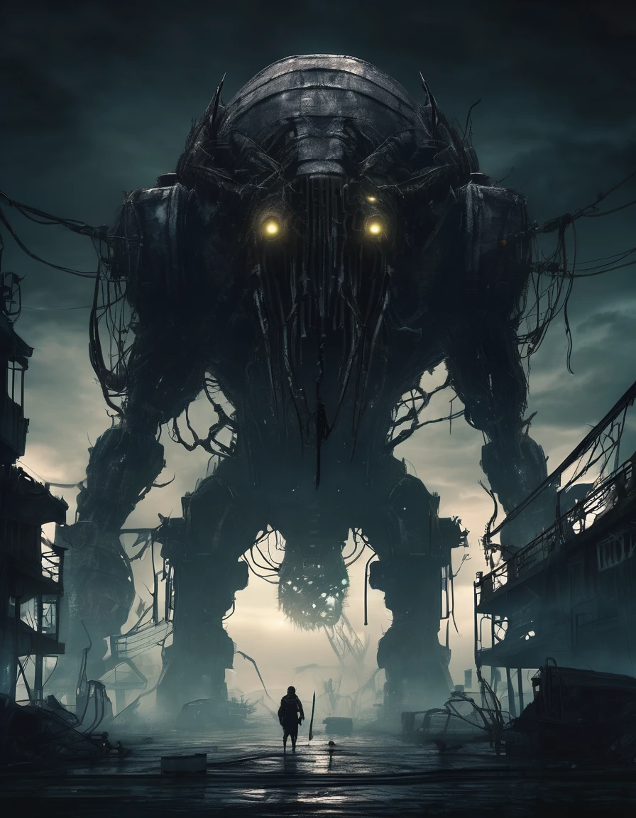 (dark biopunk horror), (gloomy biopunk creature), tall titanic twisted creature, terrible gigantic creature on a wastelands, faceless beast, (dark lighting), many shadows, cold lights