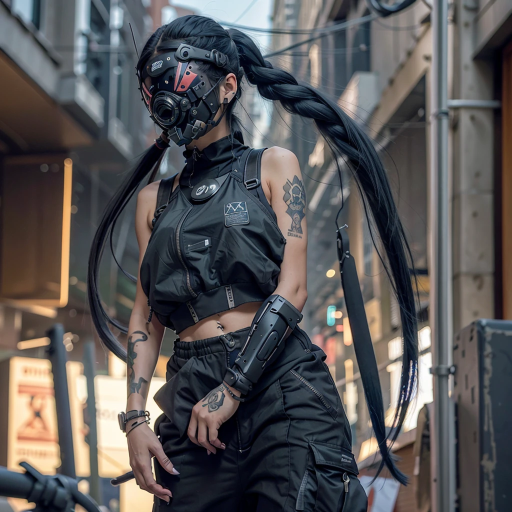 1girl, long blue twin tail hair, cyber helmet, black tank top, black cargo pants, mouth mask, covered mouth, Blur background, Tattooed, 8K, Hi-Res